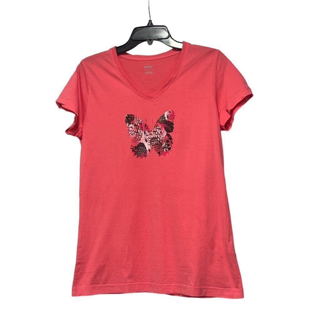 Reebok women’s Butterfly Graphic Organic Cotton V-neck Tee, Pink Coral, M